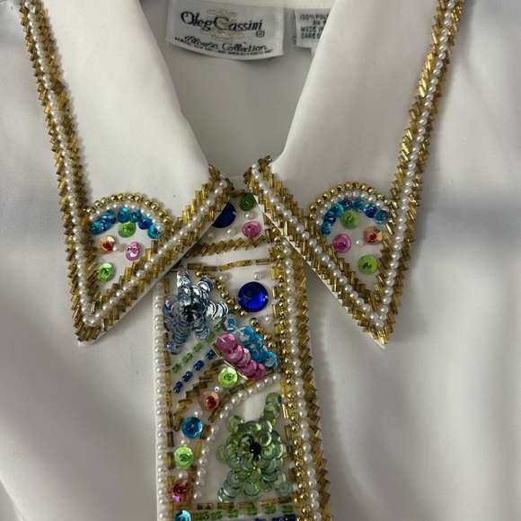 Vintage 1980s Oleg Cassini White Blouse with Multicolor Sequin Collar - Picture 2 of 7